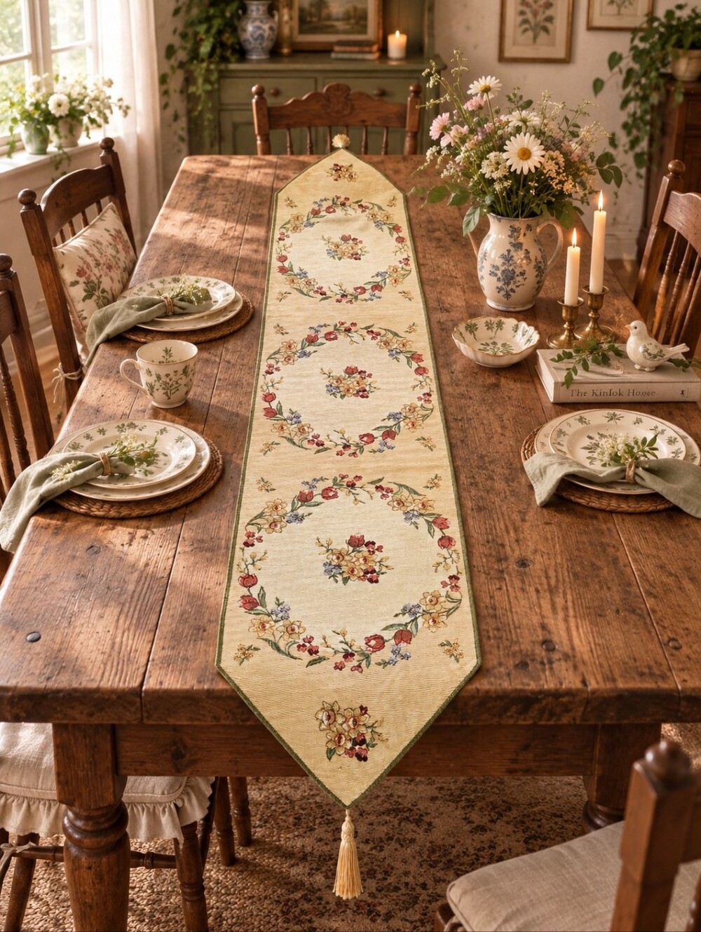 Vintage Past Times Floral Tapestry Table Runner 13" x 75" 90s Cottagecore